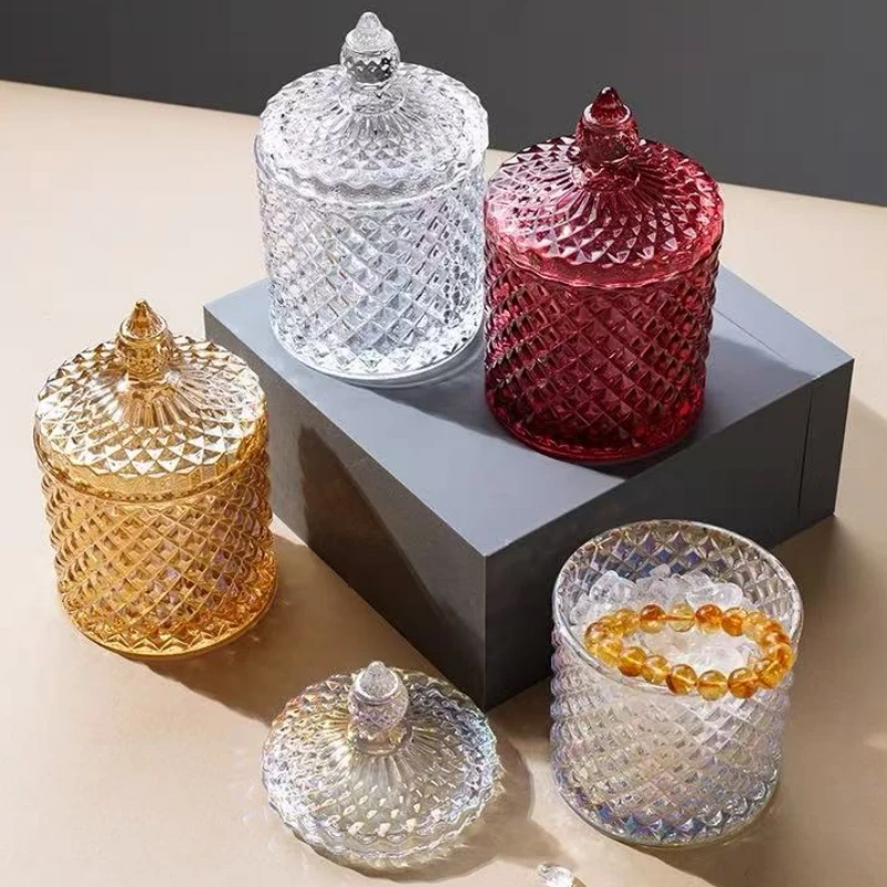 

European Crystal Glass Storage Jar,Candy Box Glass Jar with Lid Aromatherapy Candlestick Food Container Living Room Decoration