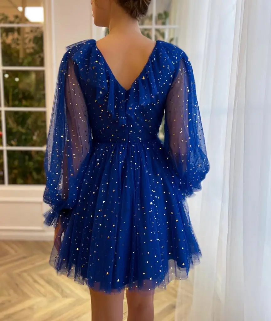 14874#IENA Blue Starry Tulle Mini Prom Dress Plunging V-Neck Long Sleeves Ruffles Party Gowns Above Knee A-Line Formal Dresses