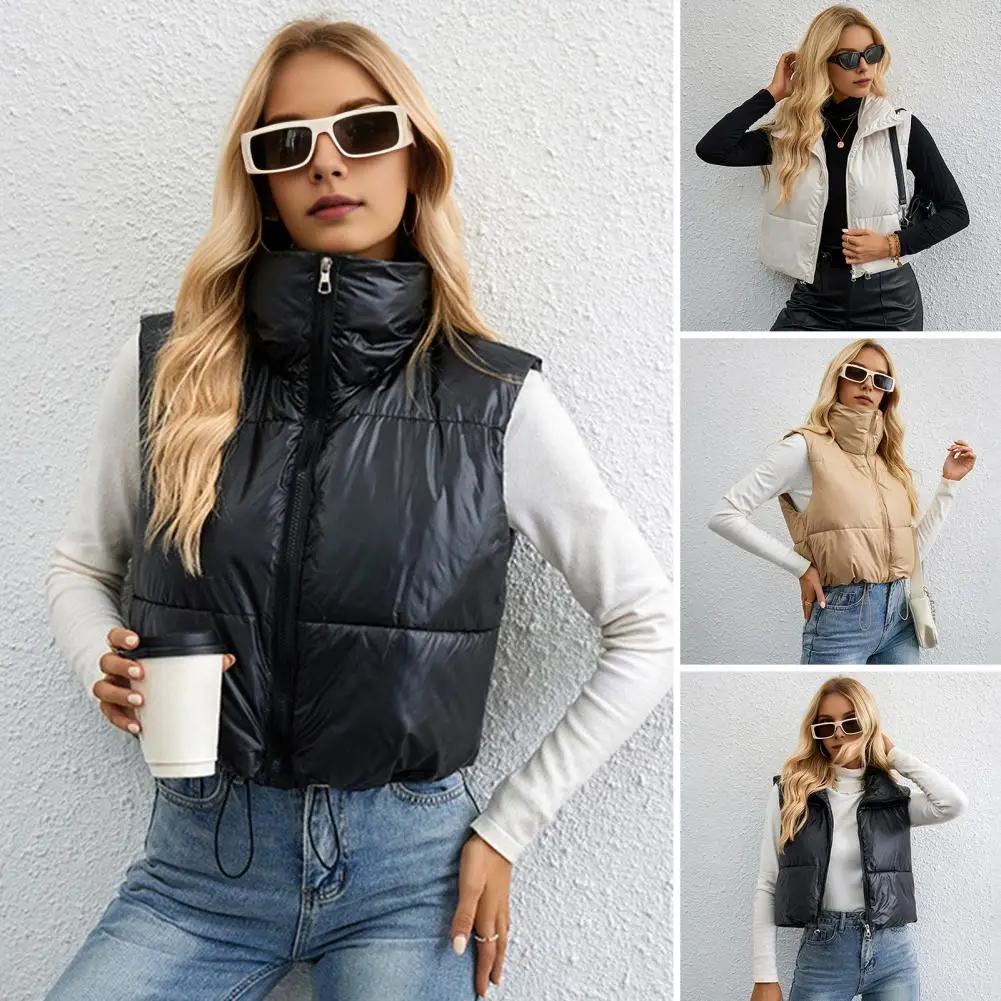 Women Polyester Vest Solid Color Short Vest Stylish Women's Lightweight Padded Vests for Autumn Winter Stand Collar for Women