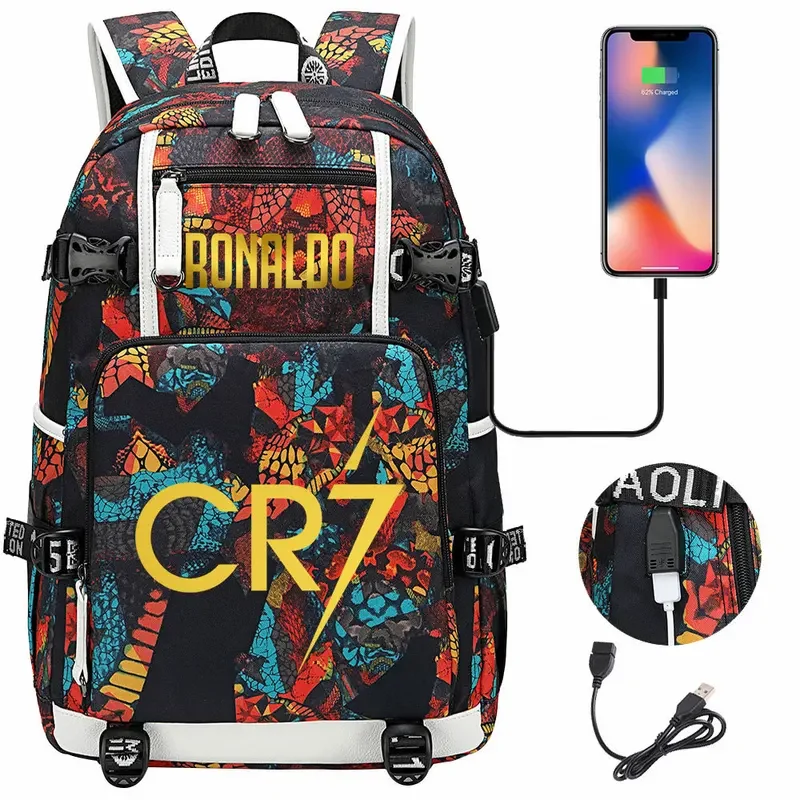 Soccer star Ronaldo printed USB youth student schoolbag men and women leisure travel backpack outdoor computer bag