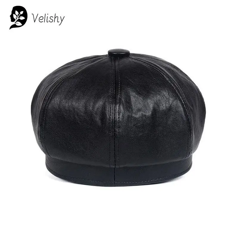 Unisex PU Leather Caps for Black Flat Top Captain Cap Travel Cadet Hat