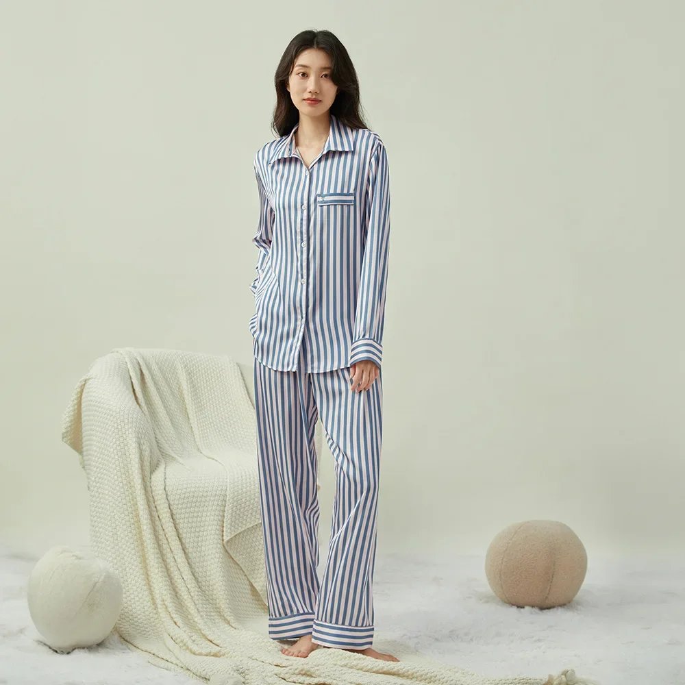 Secret Same Shirt Collar Striped Jacquard Pajamas Women\'s  Long Sleeve Pants Set Homewear Cover