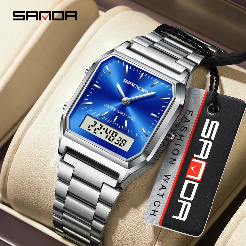 

SANDA 747 Fashion Digital Quartz Dual Display All-Steel Watches Gold Fluorescent Dial Week Time Female Students Clock Waterproof