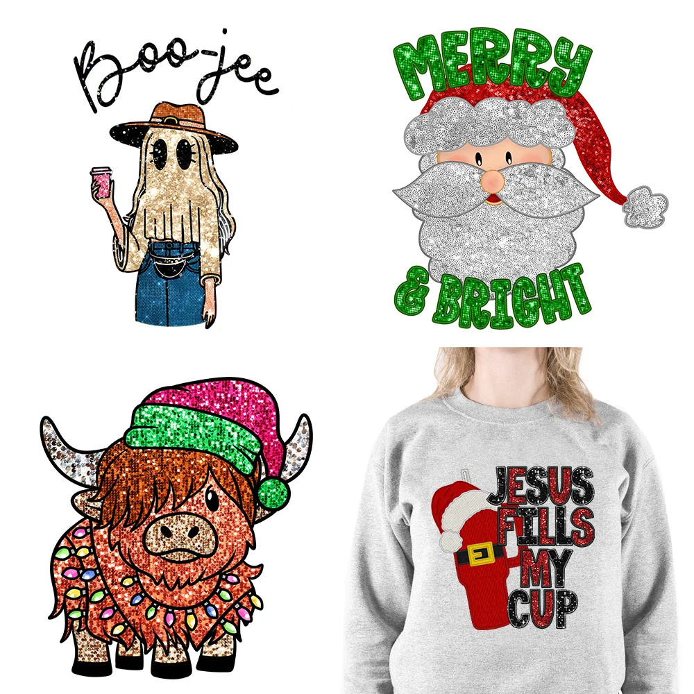 

Cozy Season Santa Baby Merry Christmas Vibes New Year Designs Jesus Fills Up My Cup DTF Faux Sequin Transfer Sticker For Clothes
