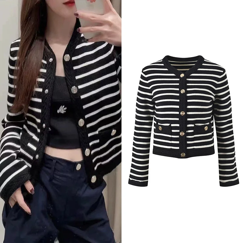 

Высококачественная версия M, домашний женский модный повседневный вязаный кардиган на одной пуговице в черно-белую полоску, верхняя женская верхняя одежда