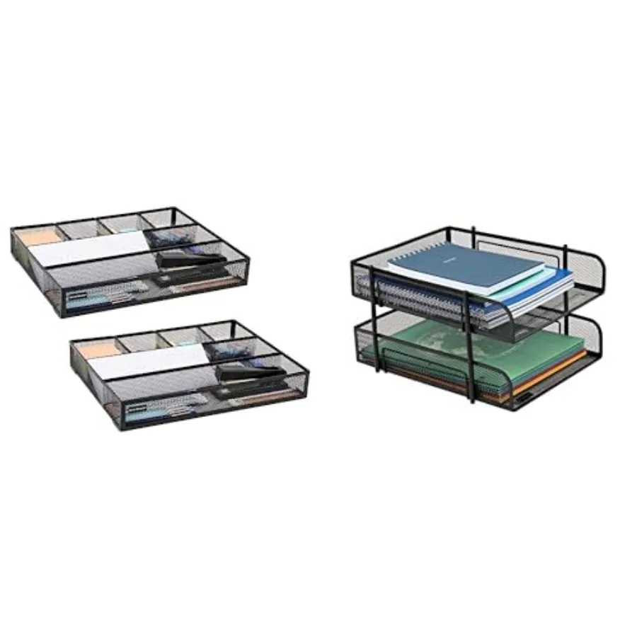 

Drawer Set of 2 Drawer Organizers and 2x Stackable Paper Tray File Storage Office Metal Mesh Black