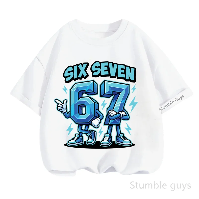 Crystal Facet Stylized 67 Anthropomorphic Figure Lightning Surround Six Seven Text Graphic Red Tee Kids Fashion Outfit