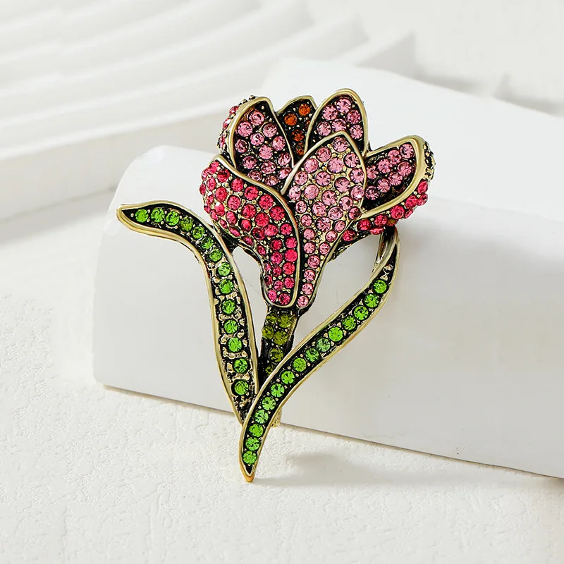 Vintage Medieval Heavy Industry Full Contrast Color Rhinestone Brooch Tulip Flower Corsage Fashion Women Coat Pins Accessories