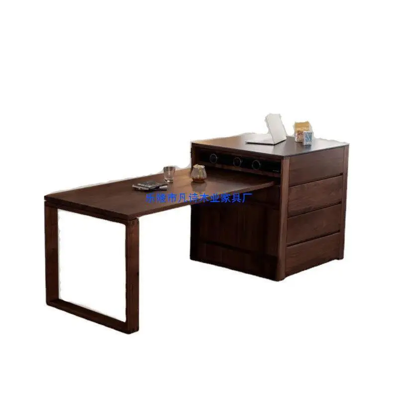

Black walnut solid wood island table integrated retractable rock slab cave board middle island table separate kitchen cabinet