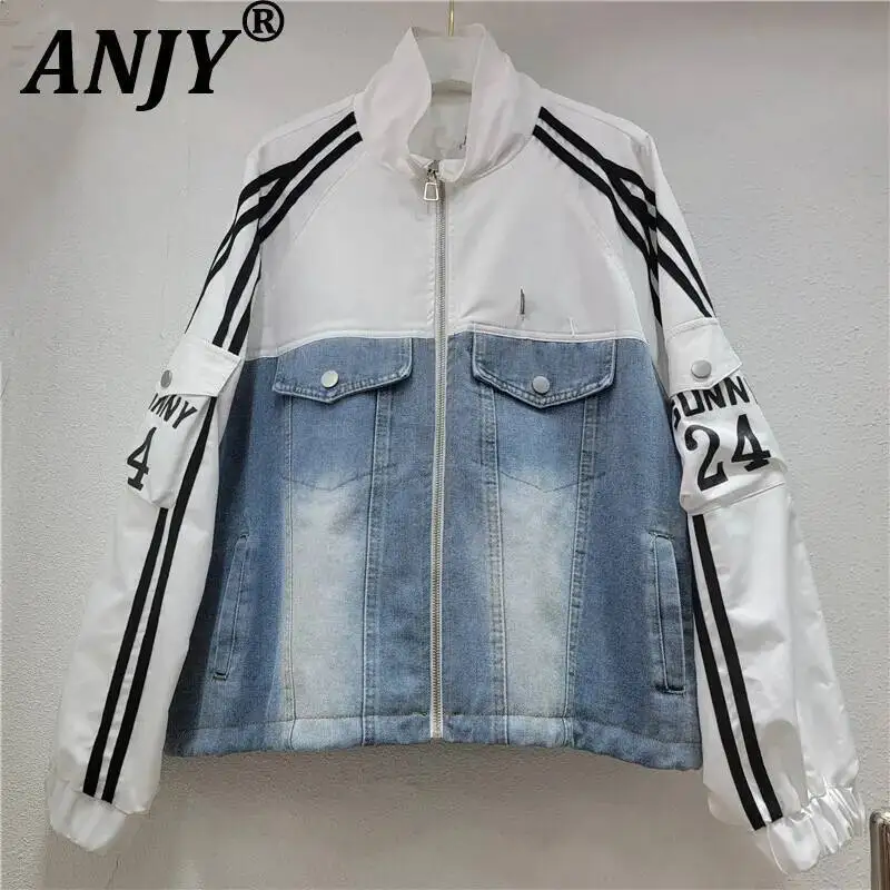 

ANJY, осенне-зимняя новая женская элегантная свежая джинсовая куртка, модное нишевое пальто с несколькими карманами и буквами контрастного цвета A12990
