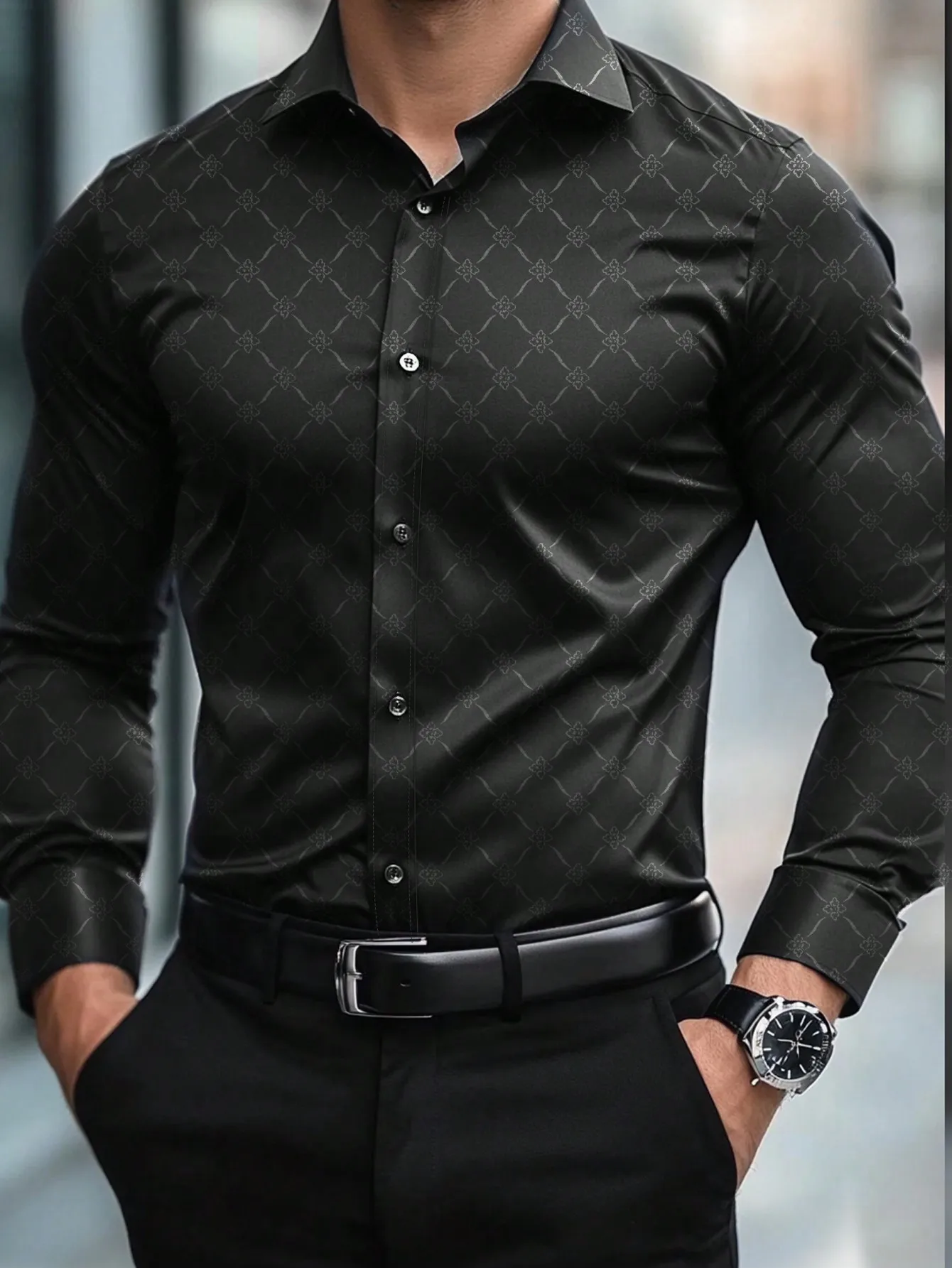 

Men's Black Slim Fit Formal Button-Down Shirt with Subtle Geometric Pattern