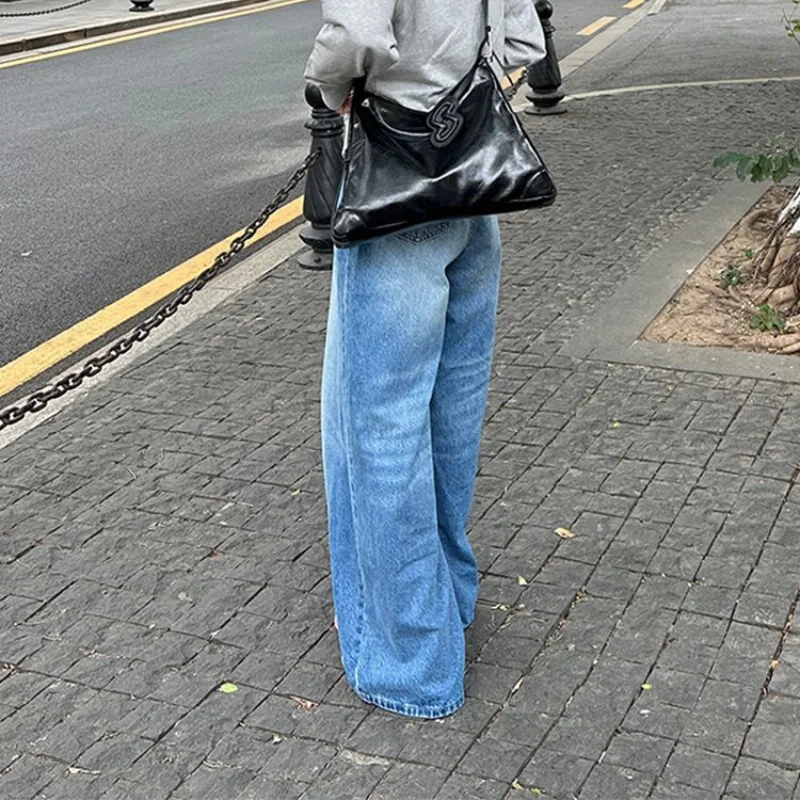 QWEEK Oversized Casual Blue Jeans Women Korean Fashion Baggy High Street Denim Pants Hip Hop America Vintage Wide Leg Trousers