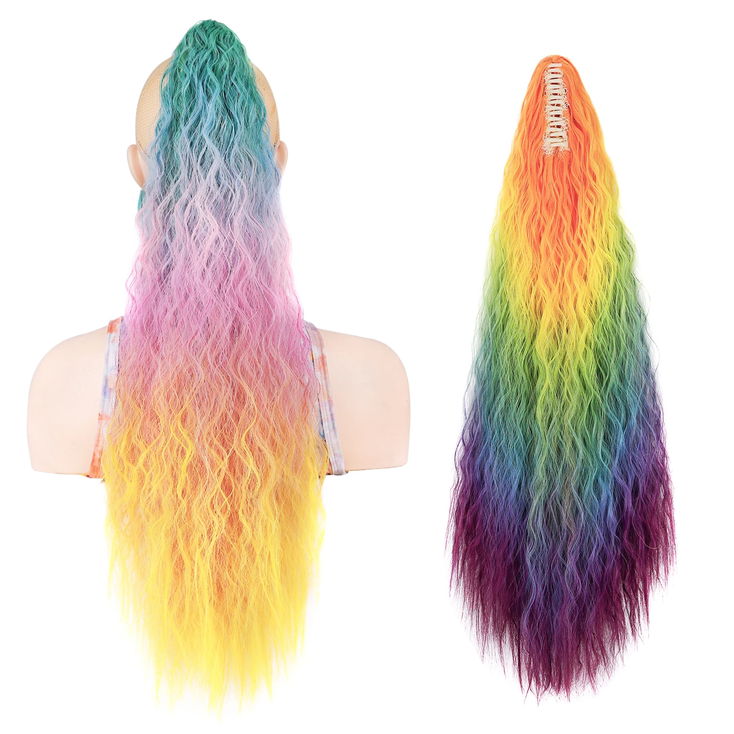 

Zolin Ponytails Rainbow Ombre Gradient Color Long Curly Ponytail Hair Extension with Claw Instant Styling Hairpiece for Women