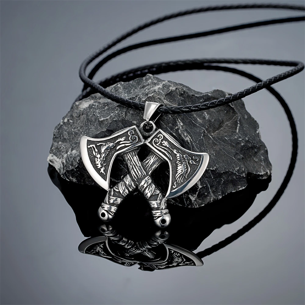 Vikings Double Edged Axe Necklaces for Men Stainless Steel Hatchet Norse Amulet Pendant Leather Cord Celtic Warrior Jewelry Gift