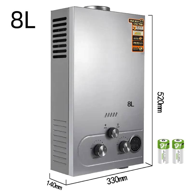 8L Protección de seguridad múltiple El mejor en el mundo Calentador de gas portátil Uso Batería Energía Acero inoxidable Geyser Gas