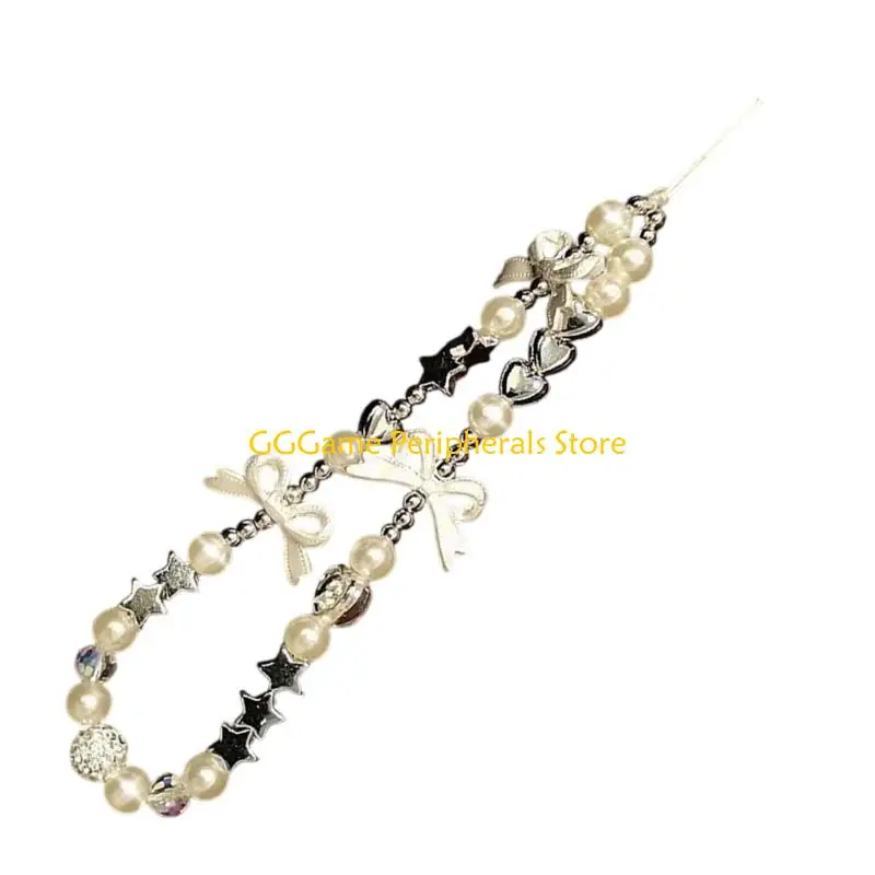 U55B Trendy Clear Star Keychains Charm with Mixed Pearls Easy Carry Phone Lanyard Multipurpose Hanging Rope for Phone
