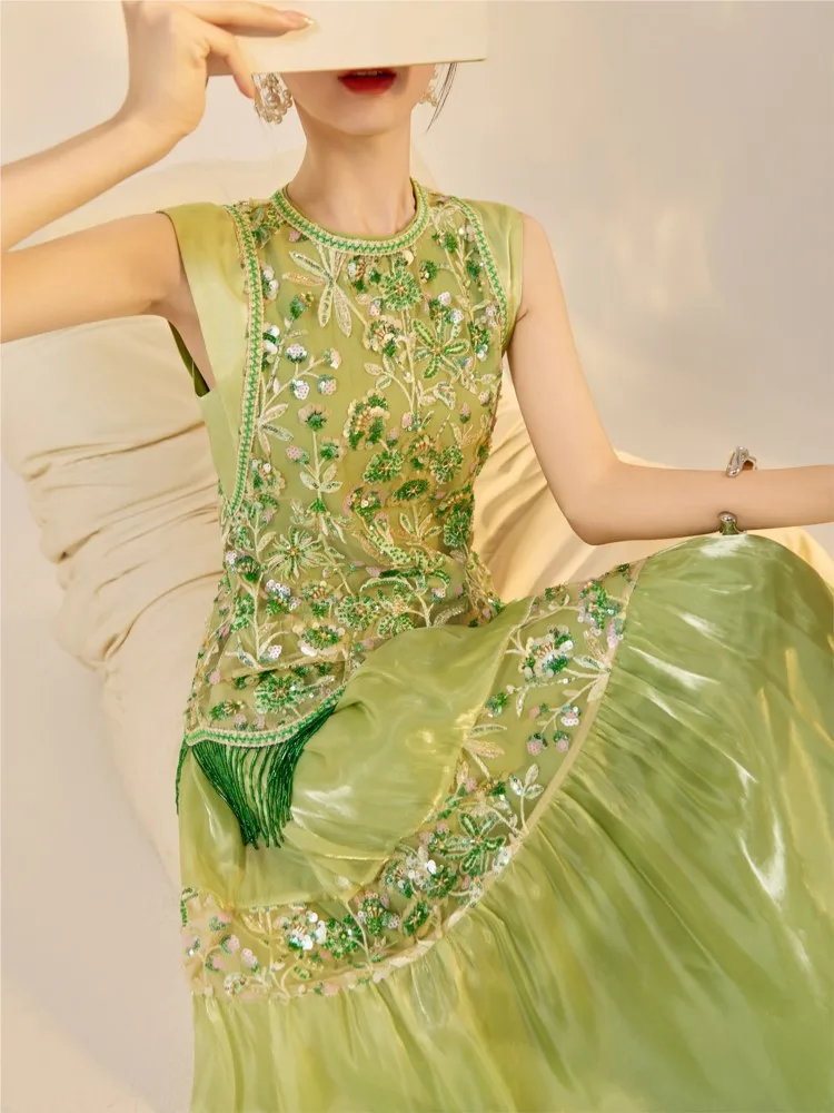 

New Chinese-style beaded embroidery sequin elegant long light luxury fringed dress