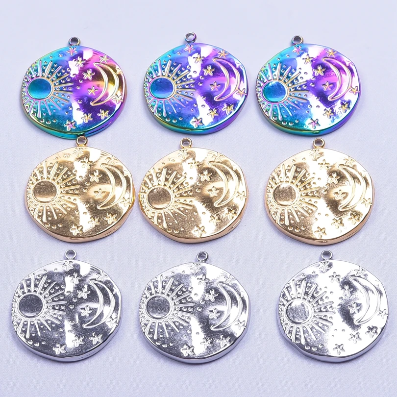 

6pcs Gold Color Sun Star Moon Round Pendants Jewelry Making Craft Cute Keychain Accessories Stainless Steel Charm Supplies Bulk