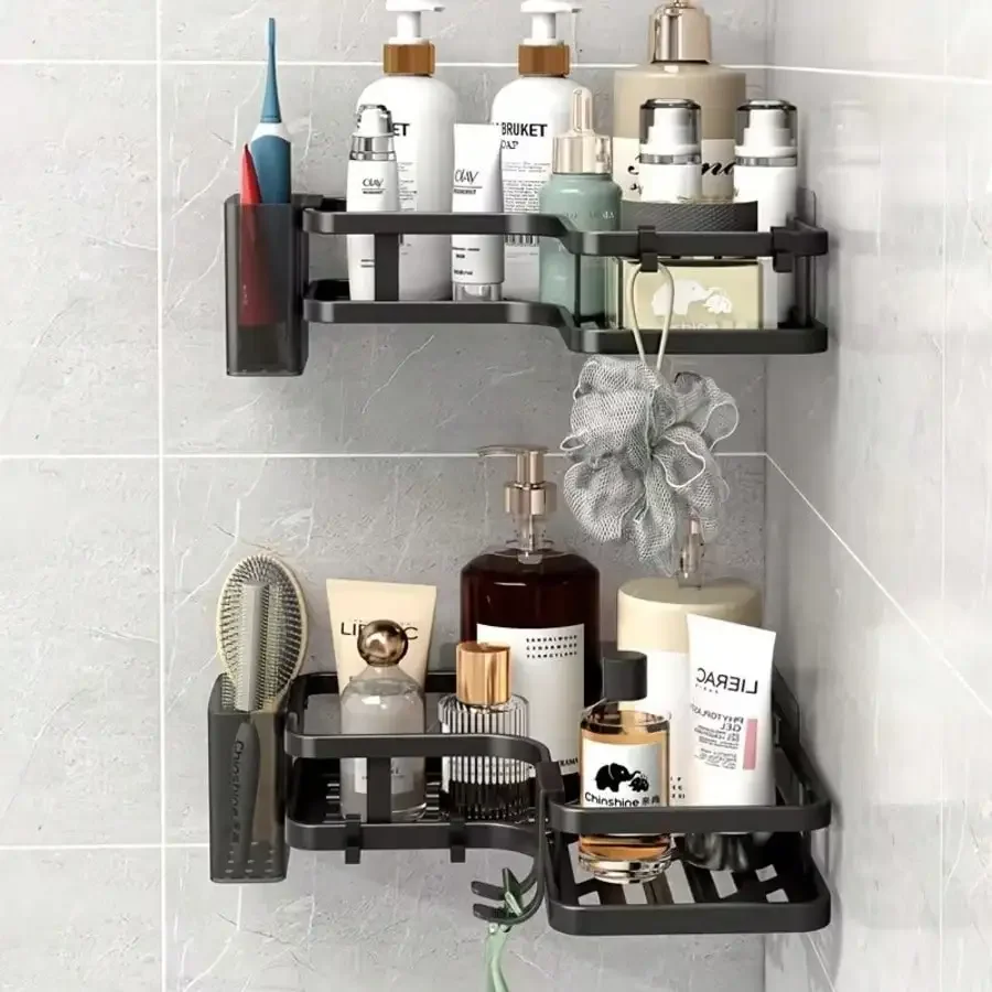 2-Piece Shower Caddy With Hooks, Rust-Proof Carbon Steel Bathroom Shelf, Wall-Mounted Rack Without Drilling. It Can Be Used To Organize And Store Items Such As Body Wash, Shampoo, And Cosmetics In Bathrooms And Restrooms