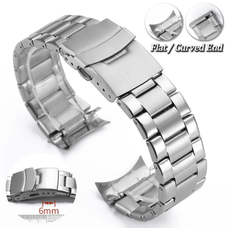 Doppelt flaches, gebogenes Edelstahl-Uhrenarmband, 20 mm, 22 mm, 24 mm, verstellbares Metallarmband, universelles Ersatzband für Herren