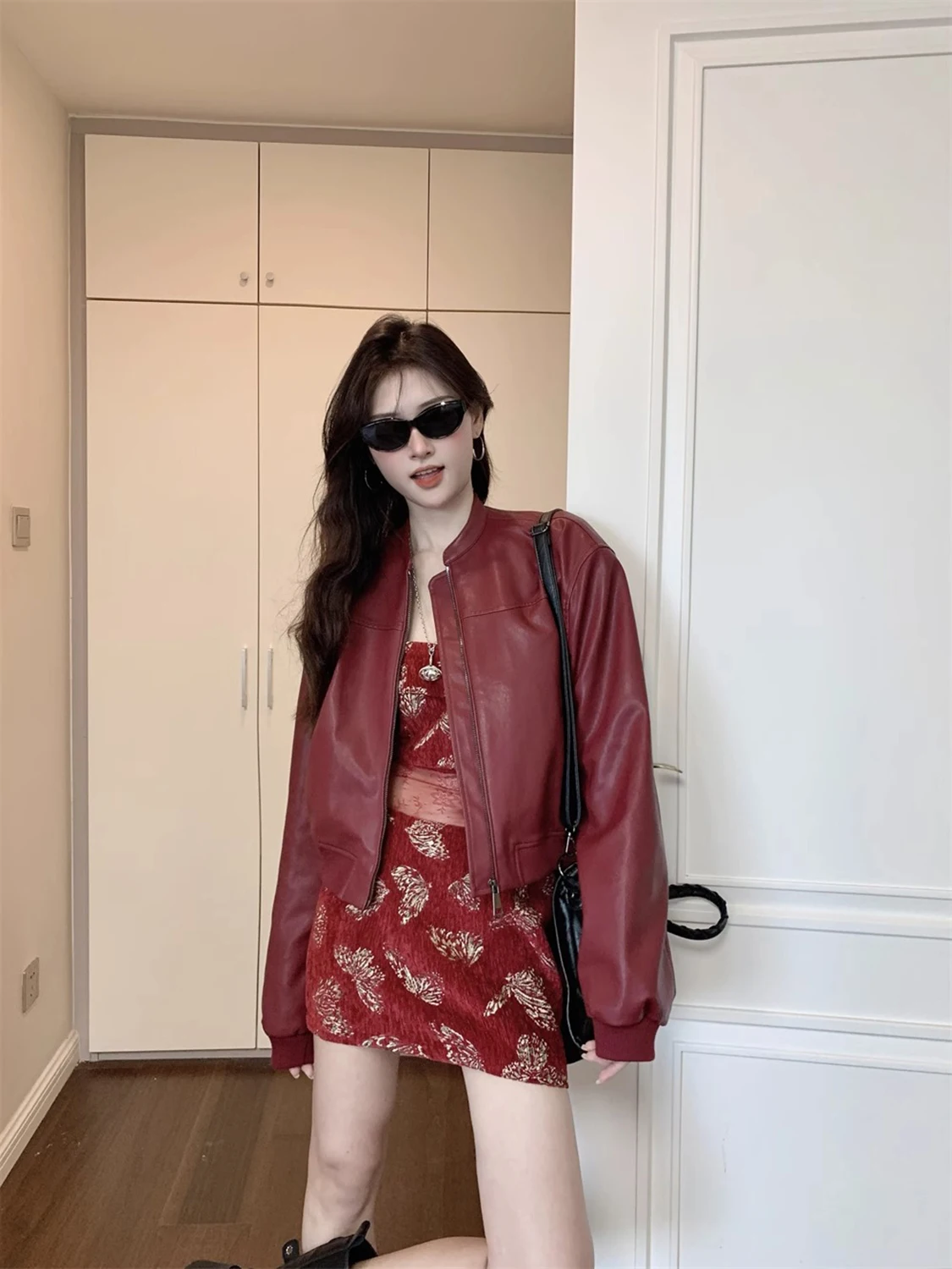 

Retro American Red PU Leather Jaet Women's Autumn Elegance High-End Feel Motorcycle Clothes ort Outerwear