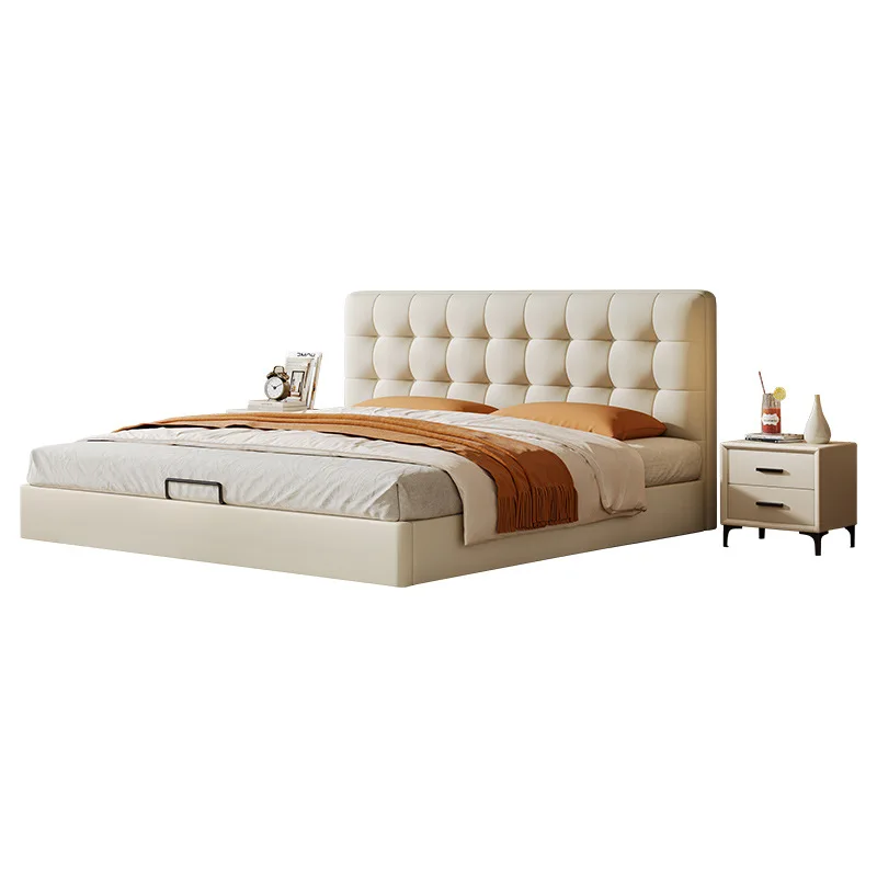 

Waffle soft bag backrest leather bed, modern simplicity, flush edge full floor double bed, small bedroom solid wood