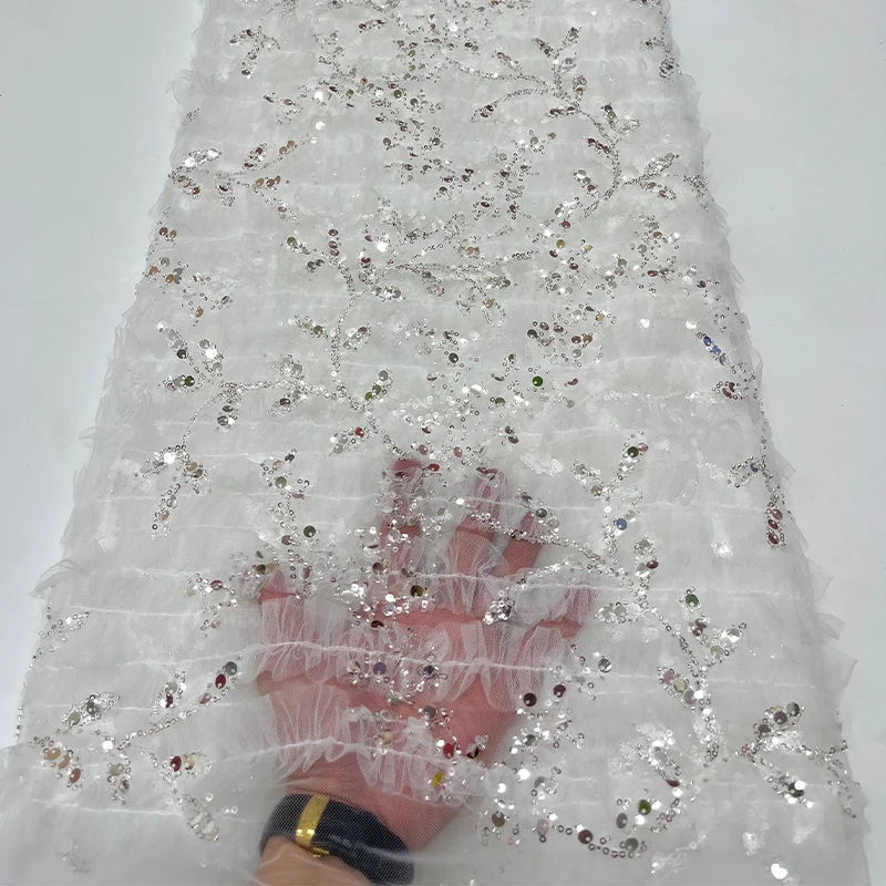 French luxurious lace mesh fabric, African high-quality double lace, beaded, branch and sequin embroidered lace fabric dress