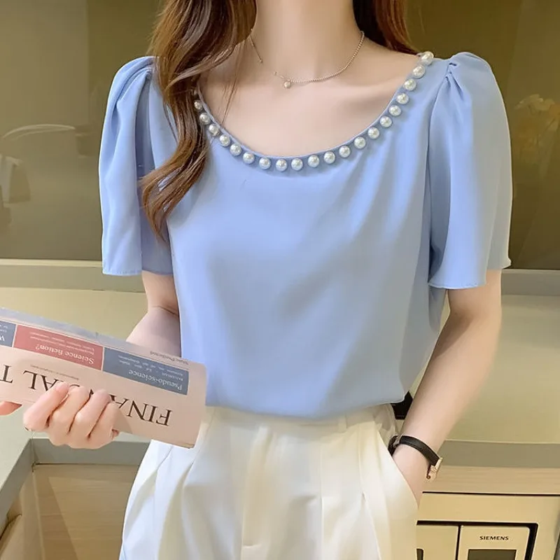 Blue Short Sleeve Summer Shirts & Blouses For Women Chiffon Economic Aesthetic Hot Woman Top Xxl Youthful Elegant Tall Luxury M