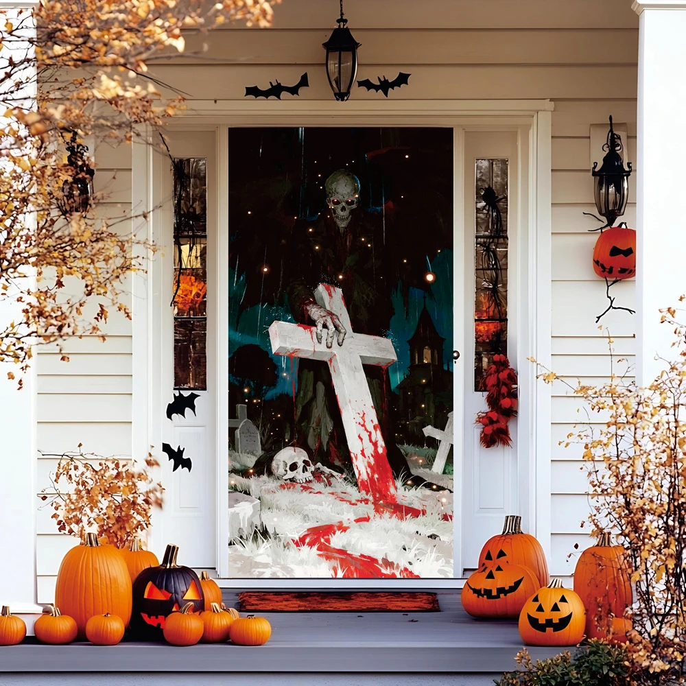 

Spooky Halloween Horror Wall Banner for Haunted House Gothic Skeleton w/Bloody Cross, Skull Pile, Tombstones Night Village Decor