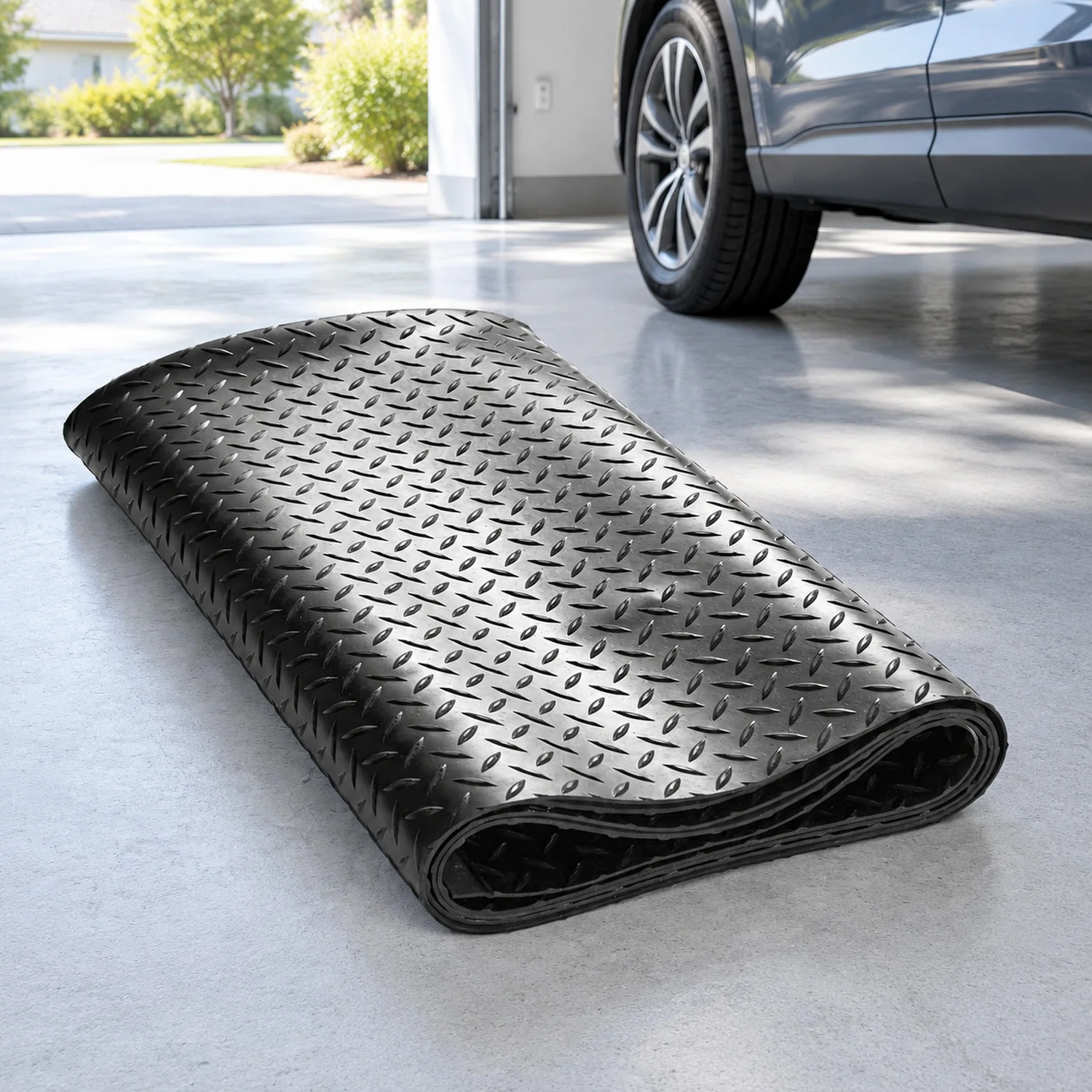 Diamond-Plate Rubber Flooring Roll, 3 mm x 4 ft x 6 ft Garage Mat, SBR, Easy to Clean, for Under Cars, Industry Gym, Black