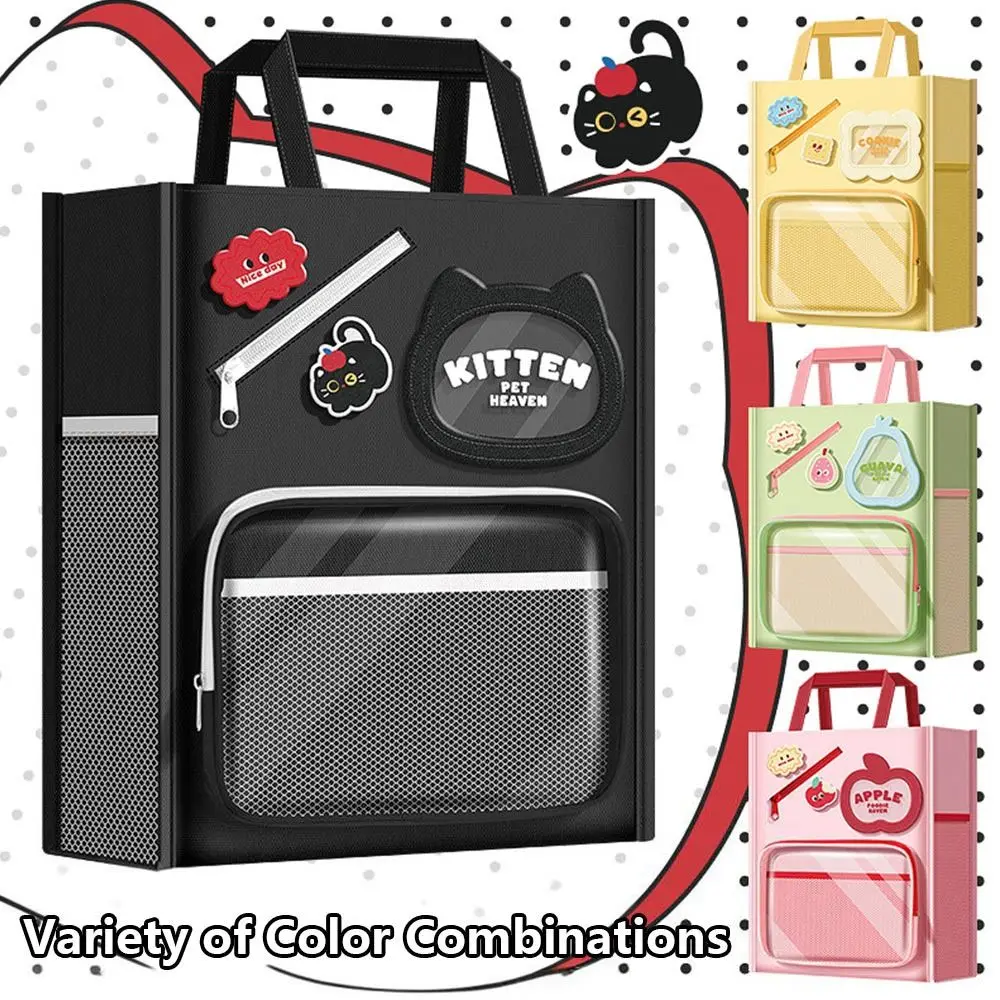 Cartoon Seven Layers Canvas Handbag Portable Multifunctional Books Bag Large Capacity Document Organizer School Office