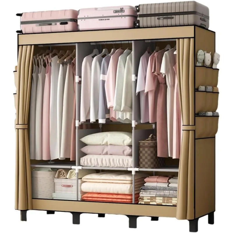 Lemari pakaian gantung sederhana, banyak rak dan 3 gantungan, 18 saku samping 51 "W*17.7" D*67.7 "H (warna krem)