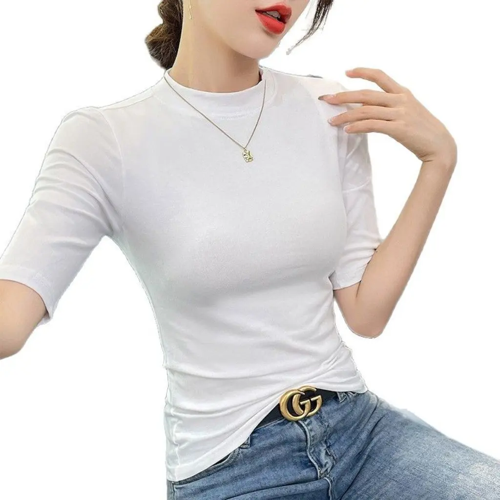 

Women's Small High Collar Cotton T-Shirt Half Sleeve Summer Spring Autumn White Base Shirt Mid-Sleeve Top for