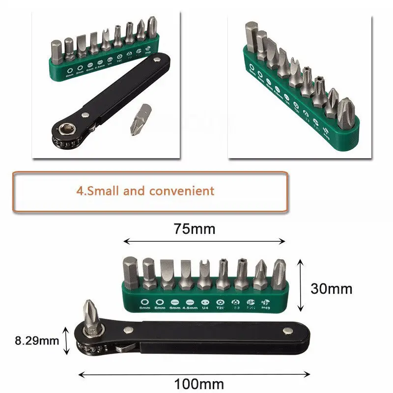 

Disassemble Ratchet Screwdriver DIY Kit Gadget 10 in 1 Mini Right Offset Handheld Set Angle Outdoor Socket Tools