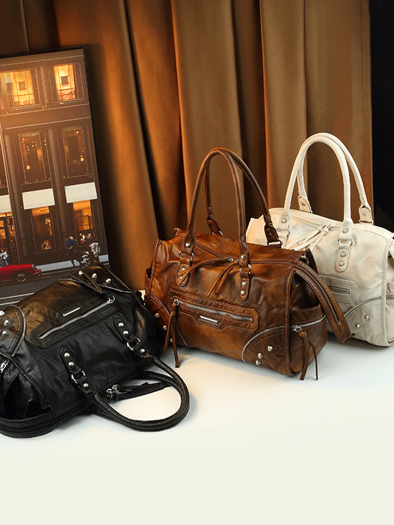American retro locomotive bag rivet design large capacity handbag old versatile travel tote bag