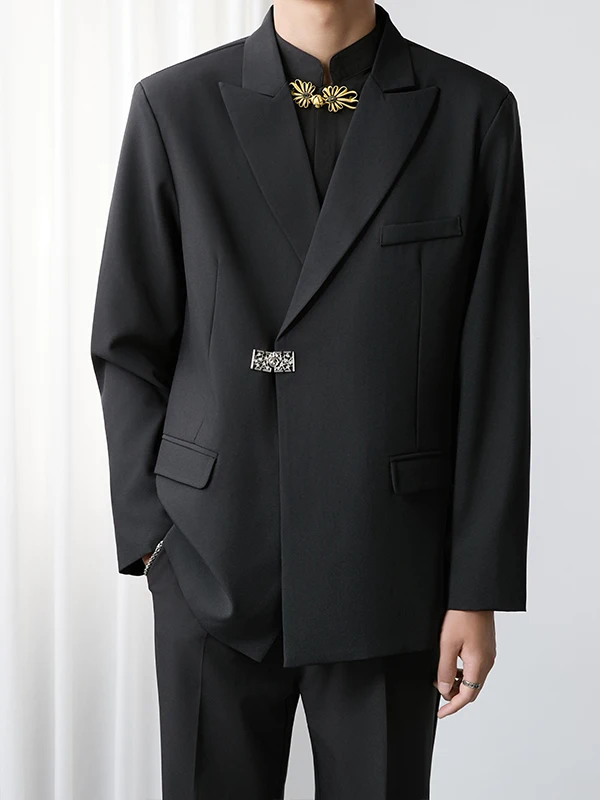 

Металлическая металлическая пуговица-накладка на плечо для мужского костюма, повседневный осенний модный брендовый молодежный деловой пиджак с длинным рукавом и плоским воротником