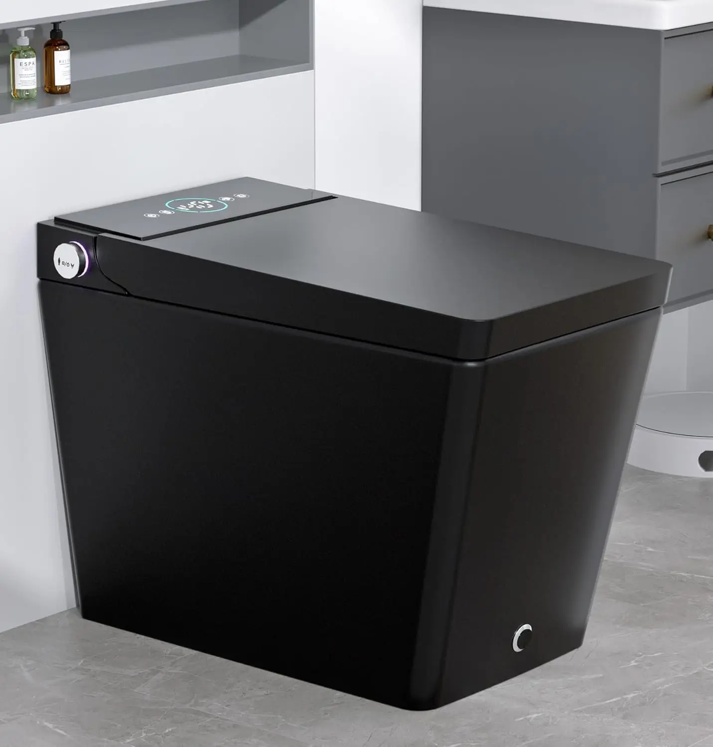 

Умный унитаз черного цвета со встроенным биде, квадратный дизайн, автоматическое открытие, автоматический смыв, боковая ручка, удлиненный прямоугольный, на заказ