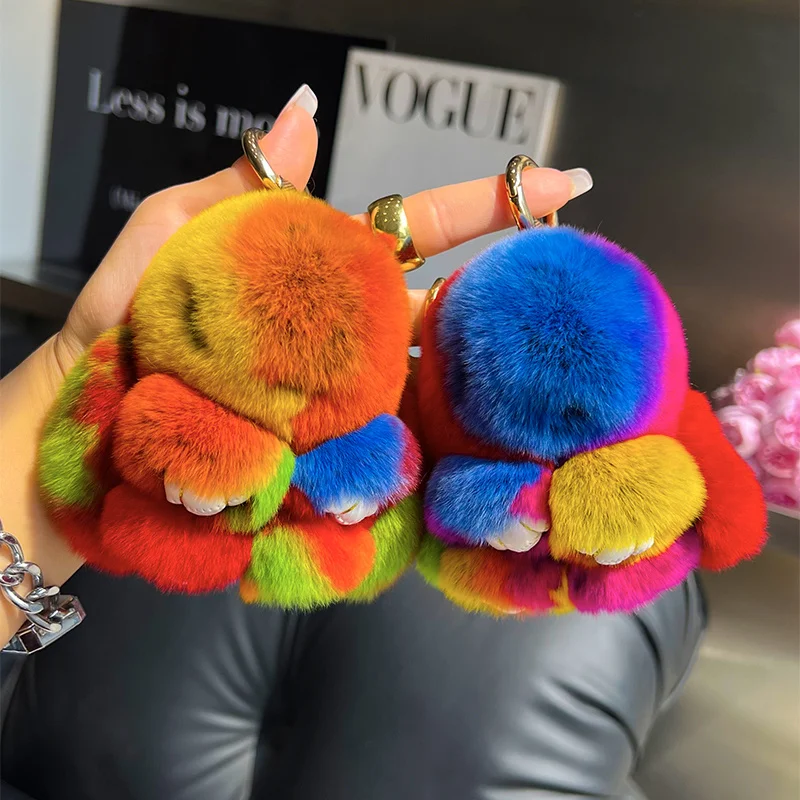 

New Colorful Plush Toys Cute Rabbit Puffy Key Chains Handmade Bags Pendant Fashion Ornament Car Keyxhain Gifts Kids Toys 10cm