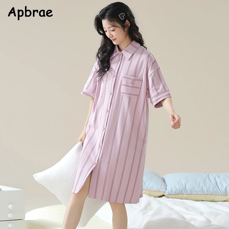 Women Cardigan Nightgowns Leisure Woman Sleepshirt Short Sleeves Lapel Pajama Dress Kawaii Girl Nightdress Female Homedress