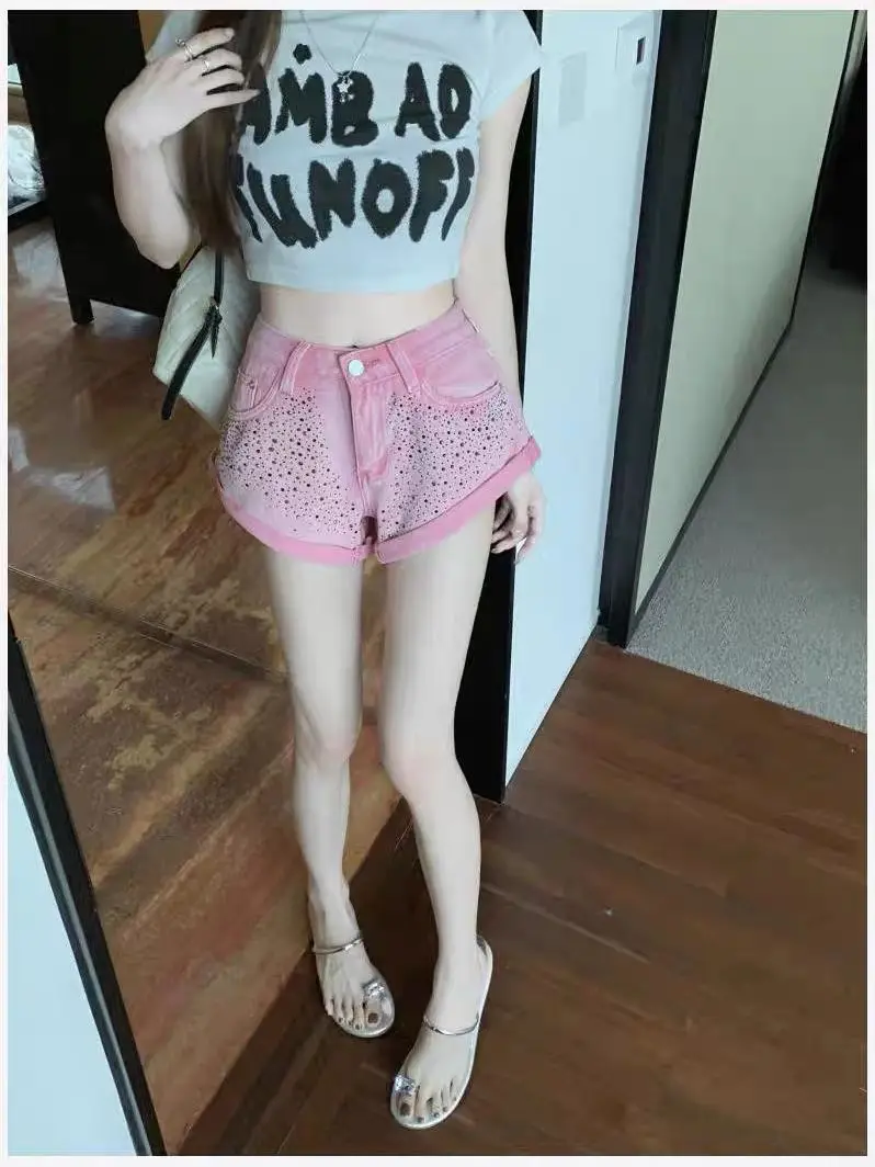 Women's High Waist Slim and Versatile Casual Hot Girl Sexy Diamond Curling Pink Denim Shorts