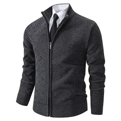 CASUMANL Luxury Clothes Men Cardigan Coat Geometric Zipper Fly Stand Collar Business Formal Mens Knitted Sweater Jacket for Man