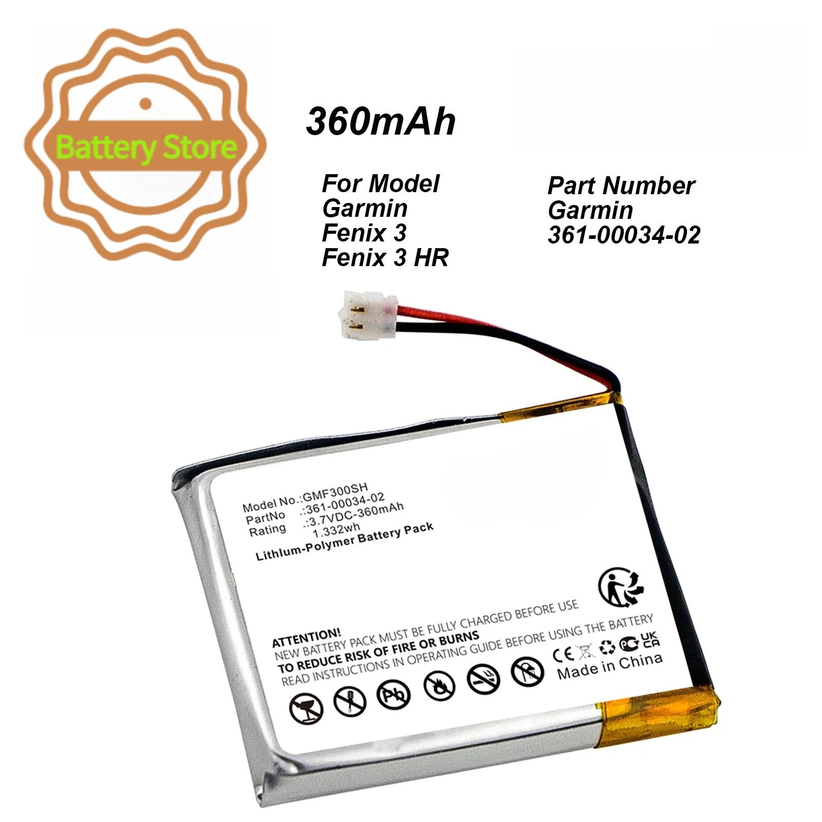 360mAh Replacement Battery 361-00034-02 For Garmin Fenix 3 Fenix3 F3 HR GPS Sports Watch Battery Rechargeable Battery 1.32Wh