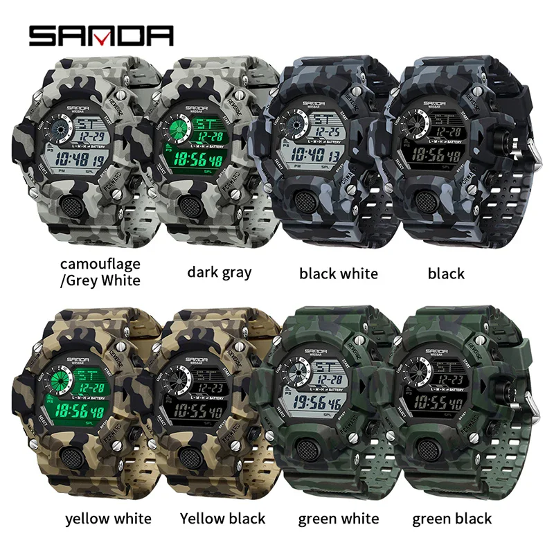 SANDA 2183 Electronic Watch Popular Camo Series Fashion Military Multifunctional Waterproof Student Sports Digital Wristwatch