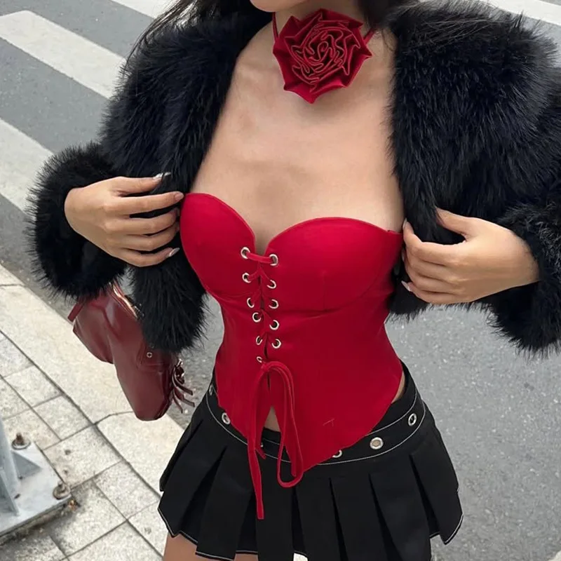 

Red Shoulder Corset Top Woman Lace-up Out Crop Top Women Sleeveless Tube Tops Summer Sexy Short Tops 2024 Y2K Cami Streetwear