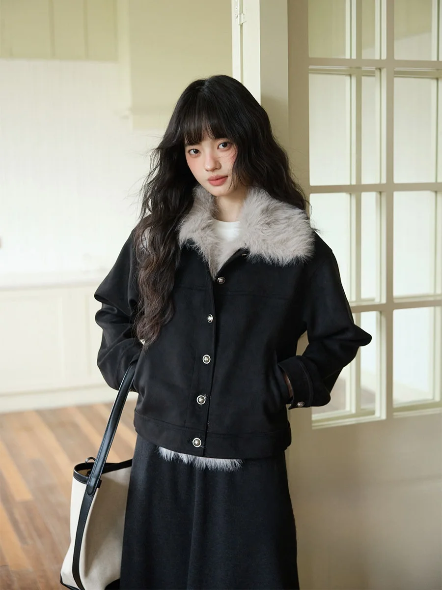 

Unique Korean Sle Fce Lined Bla Suede Jaet ort Coat for Women Winter Warm Sli Commute Faion Ladies Coat
