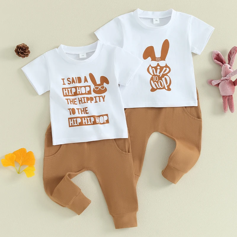 

2023-12-04 Lioraitiin 0-3Y Toddler Baby Boy Easter Outfit Short Sleeve Bunny T Shirt and Casual Pants Summer Clothes Set