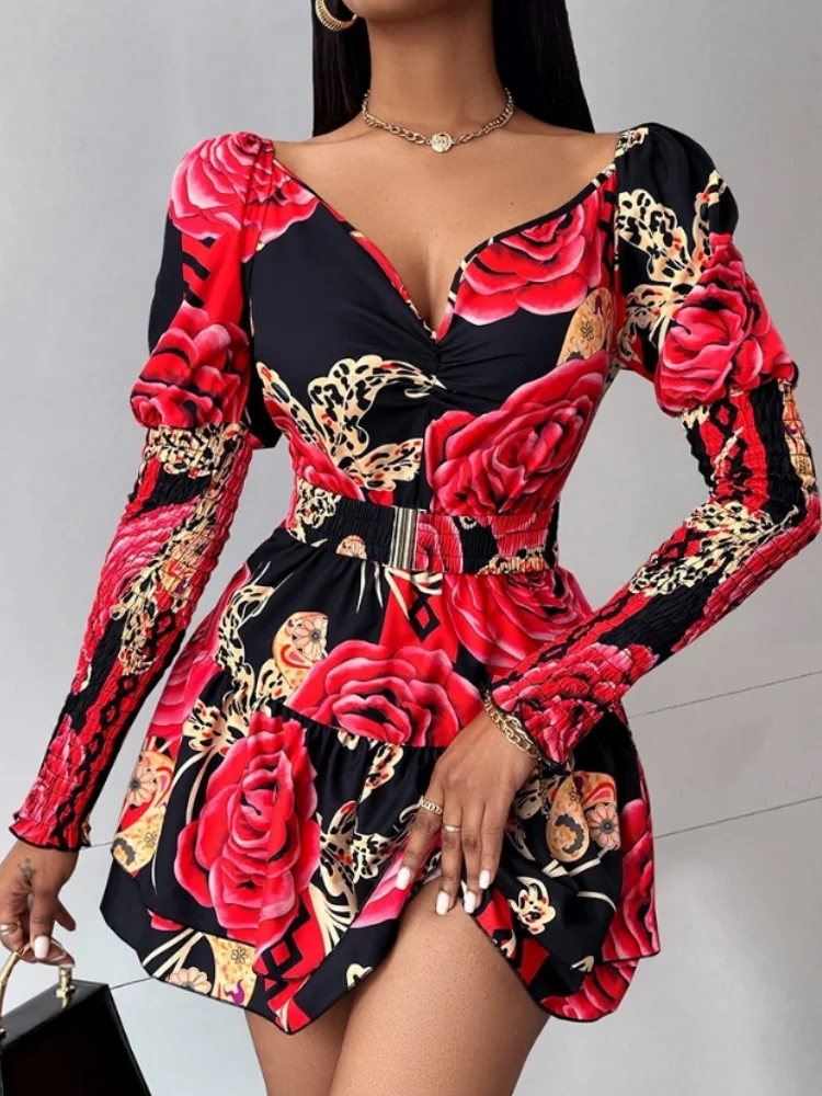 

BKLD 2024 Spring and Autumn New Flower Printed Hight Waist V-Neck Puff Sleeve Ruffles A-Line Short Dresses Women Clothing