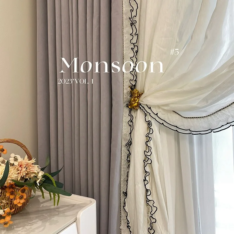 

French Cream Velvet Thickened Curtain for Living Room Bedroom Black Border Lace Solid Color Luxury Balcony Blackout Curtain