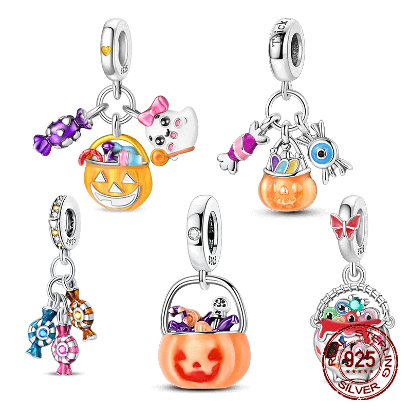 

925 Sterling Silver Halloween Trick-or-treat Candy Bucket Pendant Charm Fit Original Charm Bracelet Women DIY Jewelry Gift