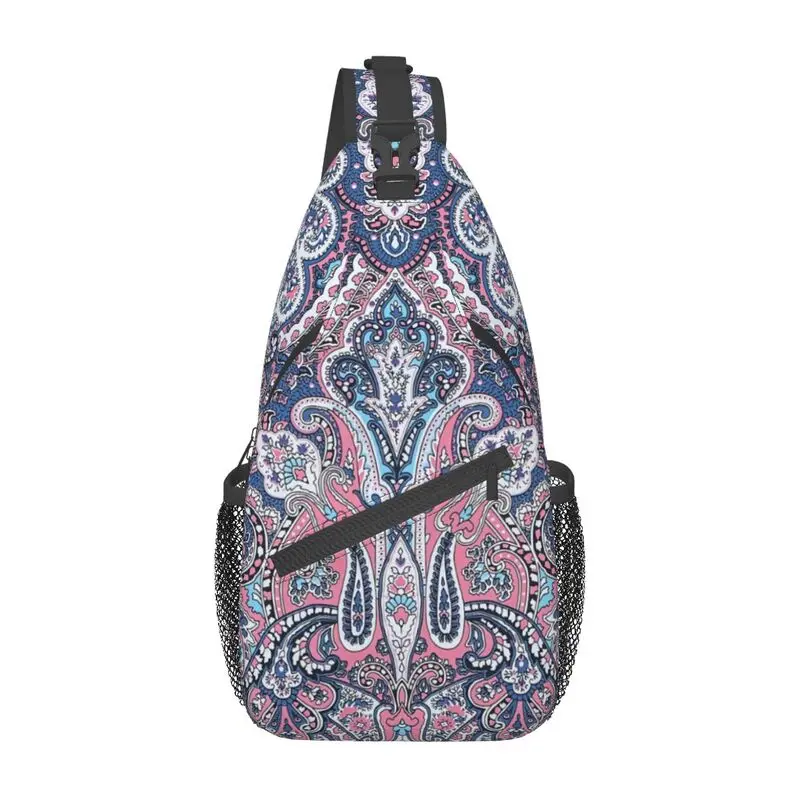 Mochila cruzada con estampado de Cachemira para hombre, bolso de hombro para el pecho, Arte Floral bohemio, mochila de día para ciclismo y acampada, Rosa del desierto y azul